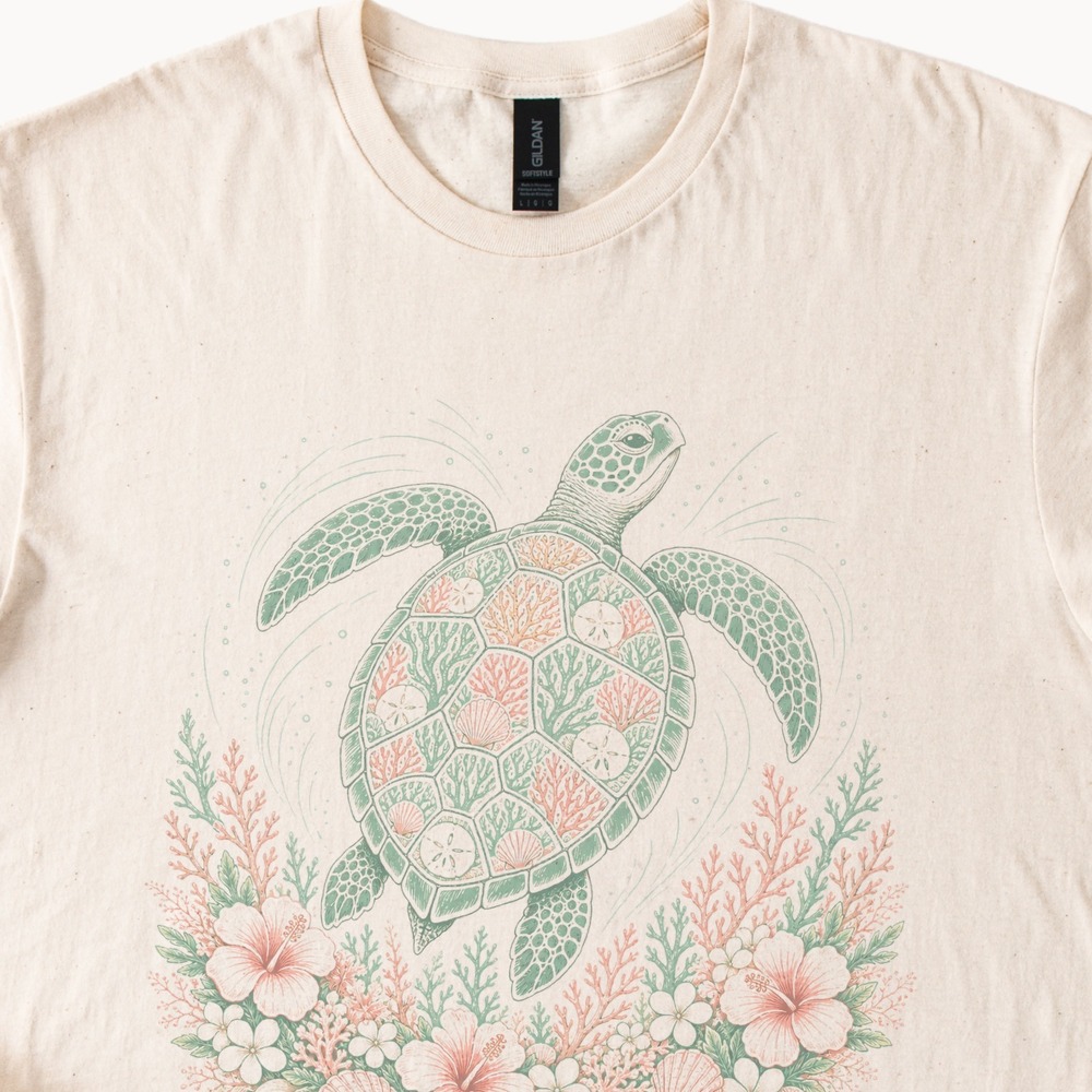 Slow Water Sea Turtle Graphic Tee with Coral and Botanical Design